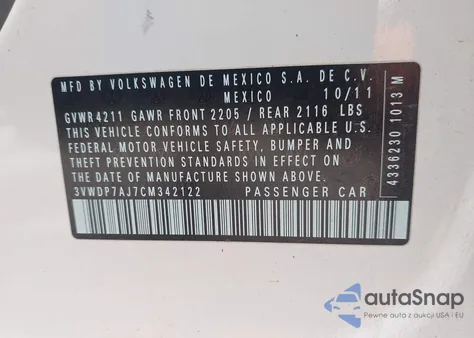 2012 Volkswagen Jetta 2.5L Se from USA, damaged, VIN 3VWDP7AJ7CM342122